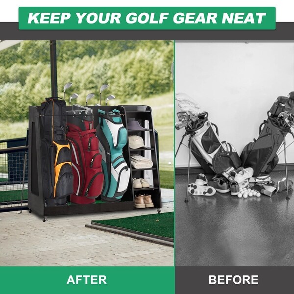 Wooden Golf Bag Organizer and Storage Rack - Holds 2 Golf Bags, 12